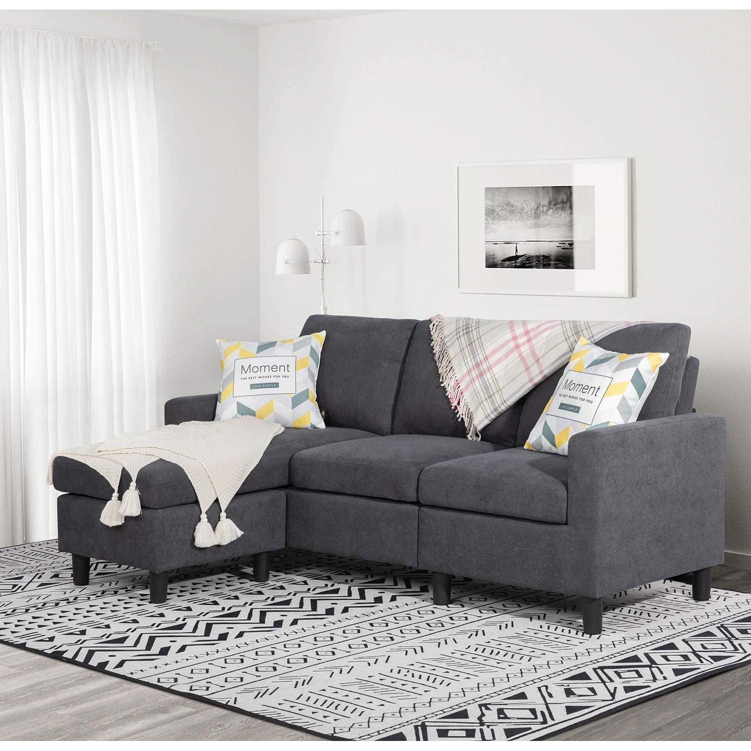 Linen L-Shaped Reversible Sectional Sofa with Ottoman