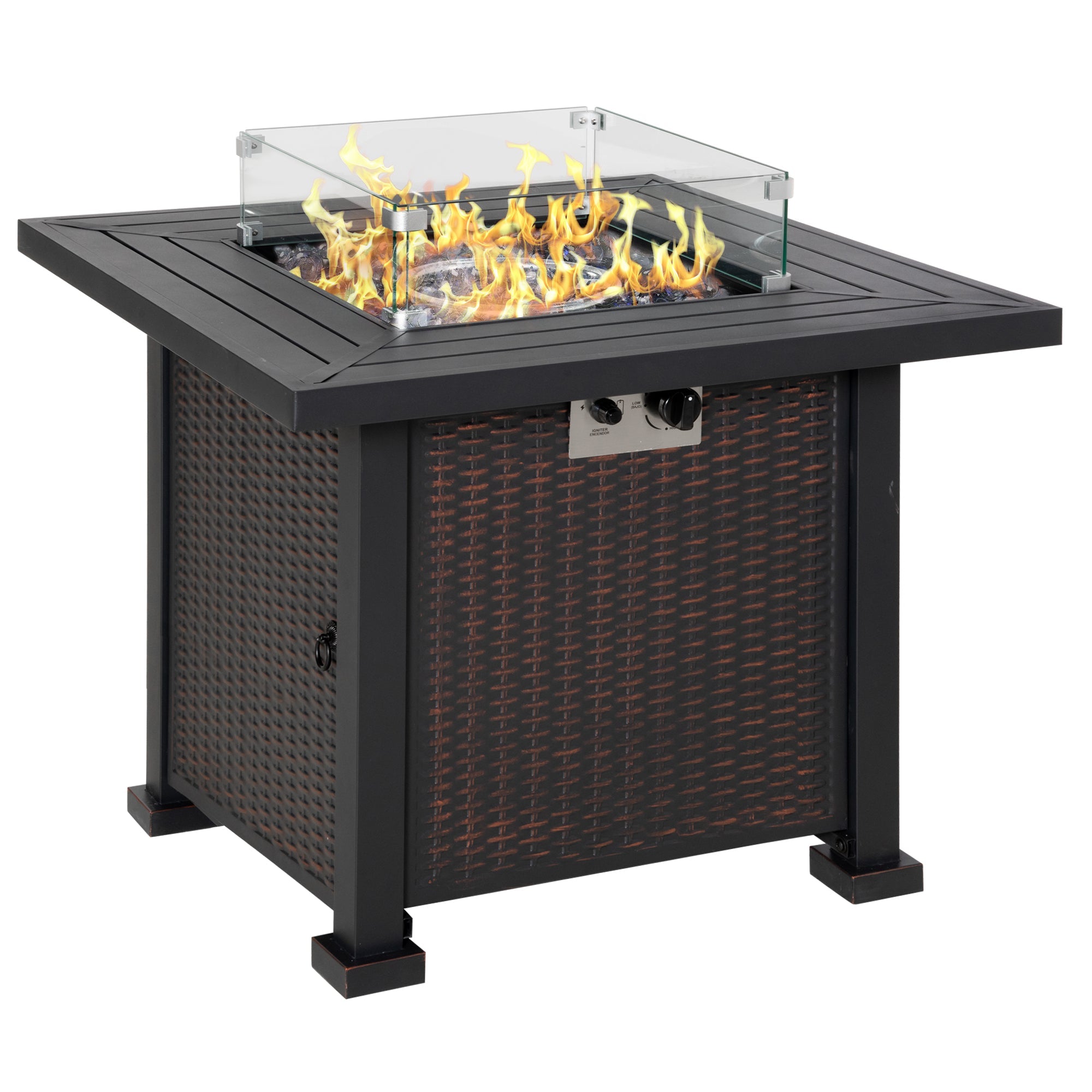 Black Square Gas Fire Pit Table with Lid and Glass Shield